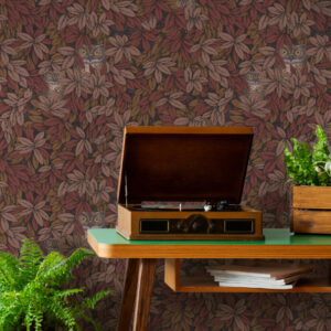 Cole and Sons papier peint contemporain Fornasetti foglie e civette 123-11055 vegetal animal pourpre