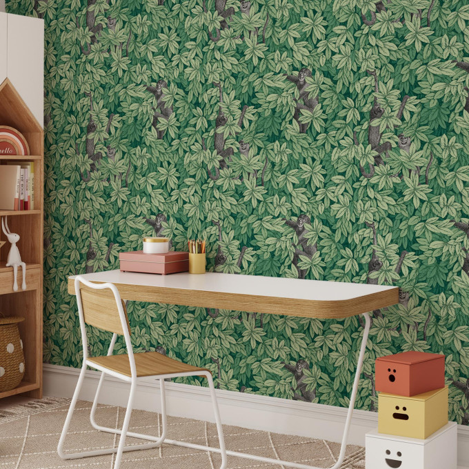 Cole and Sons papier peint contemporain Fornasetti foglie e scimmie 123-10049 vegetal animal vert