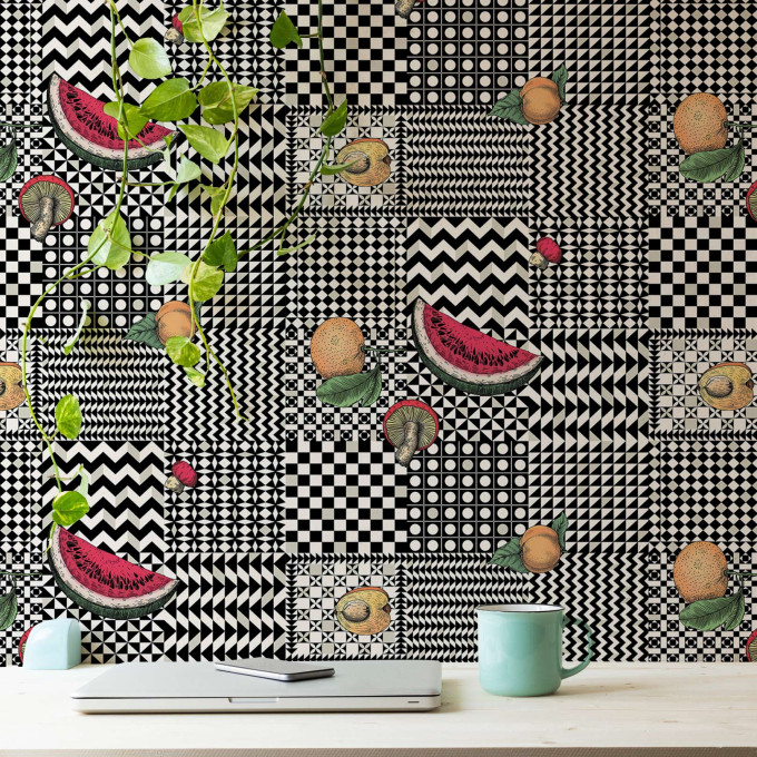 Cole and Sons papier peint contemporain Fornasetti frutta e geometrico 123-6027 multicolore