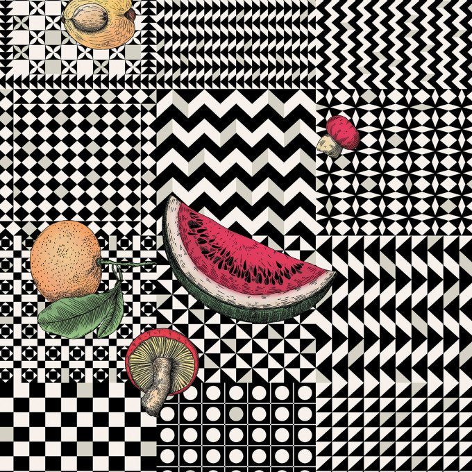 Cole and Sons papier peint contemporain Fornasetti frutta e geometrico 123-6027 multicolore