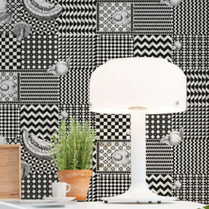 Cole and Sons papier peint contemporain Fornasetti frutta e geometrico 123-6030 noir blanc