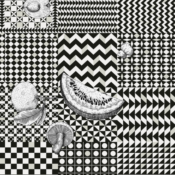Cole and Sons papier peint contemporain Fornasetti frutta e geometrico 123-6030 noir blanc
