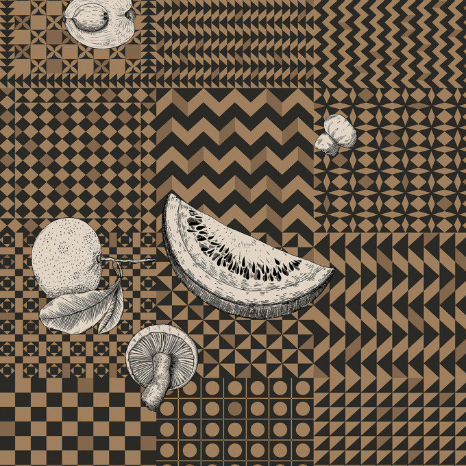 Cole and Sons papier peint contemporain Fornasetti frutta e geometrico 123-6031 noir doré