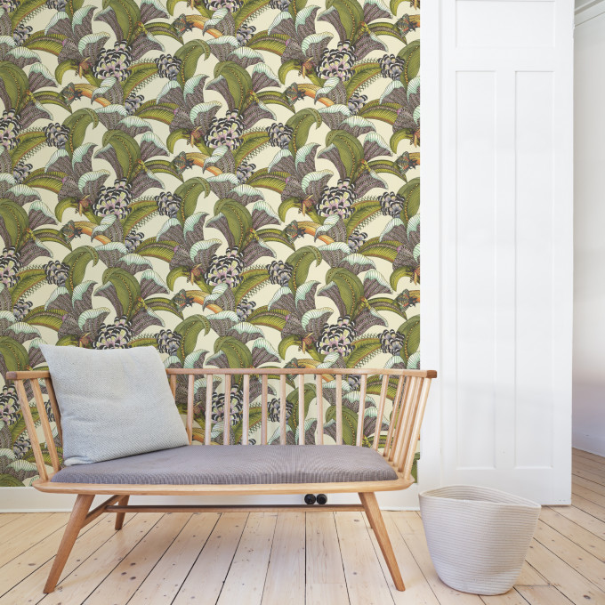 Cole and Sons papier peint traditionnel art déco vintage vegetal animal hoopoe leaves 119-1001 multicolore
