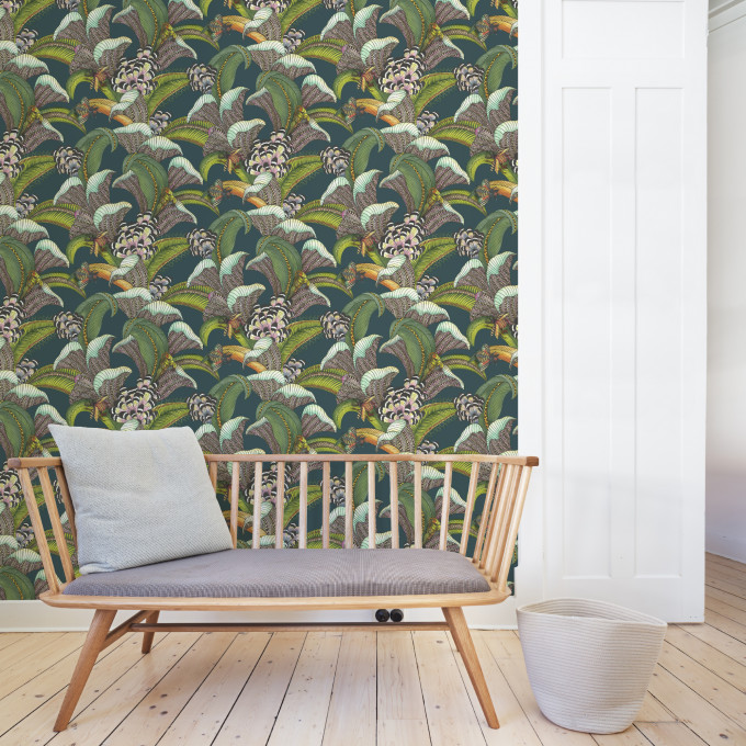 Cole and Sons papier peint traditionnel art déco vintage vegetal animal hoopoe leaves 119-1007 multicolore