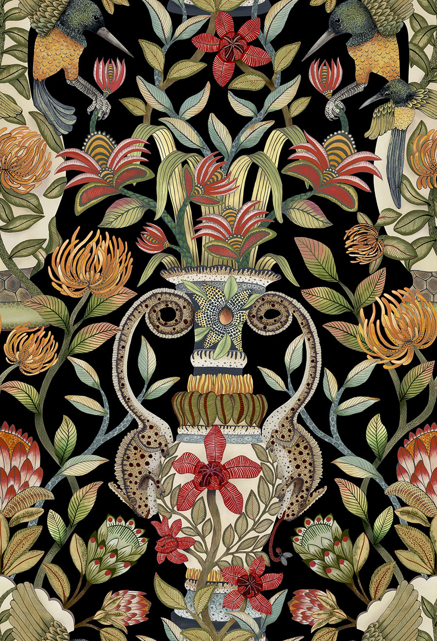 Cole and Sons papier peint traditionnel art déco vintage végétal animal protea garden 119-10044 multicolore
