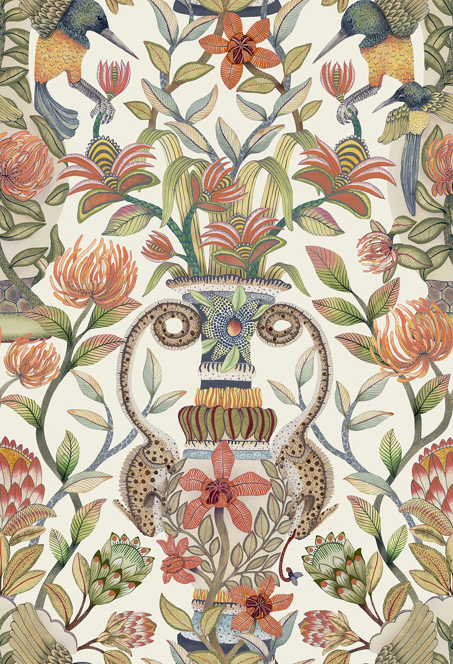 Cole and Sons papier peint traditionnel art déco vintage végétal animal protea garden silk 119-10045 soie multicolore