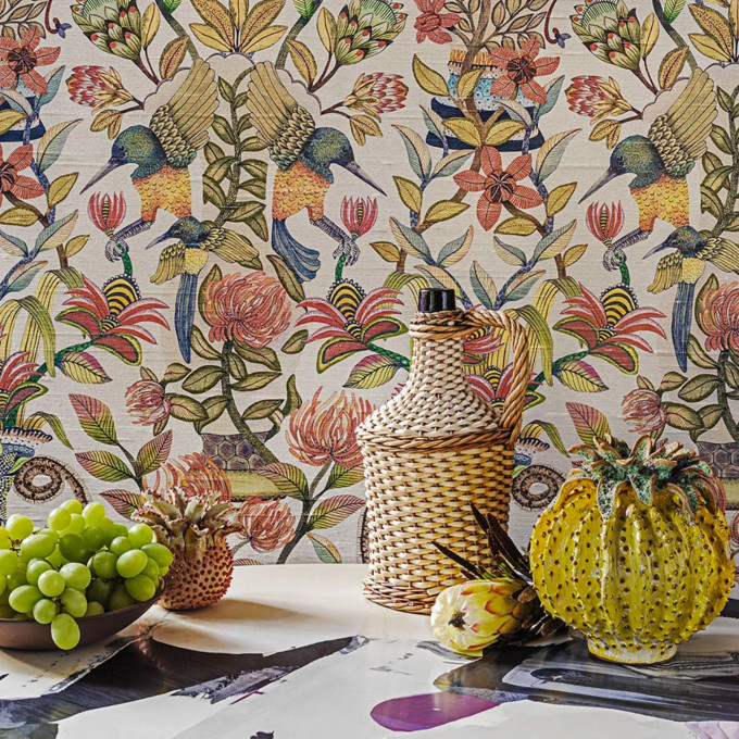 Cole and Sons papier peint traditionnel art déco vintage végétal animal protea garden silk 119-10045 soie multicolore