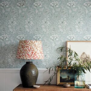 Morris and Co papier peint traditionnel art nouveau vintage végétal chrysenthemum bleu 217069